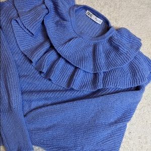 Blue Cropped Ruffle Sweater